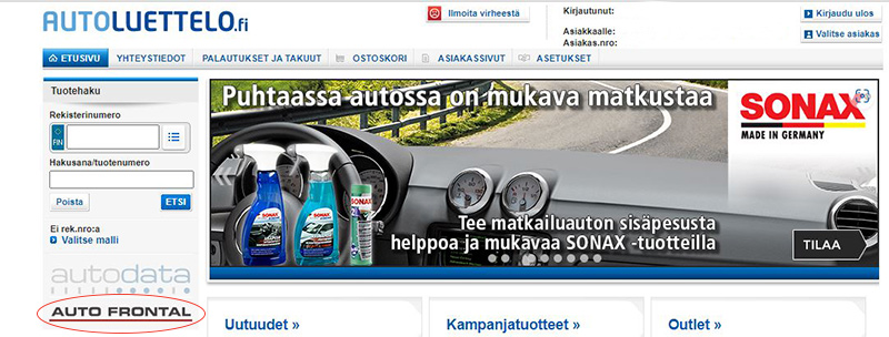 Näkymä Autoluettelo-verkkokaupan etusivulta. AutoFrontal-logo merkittynä.