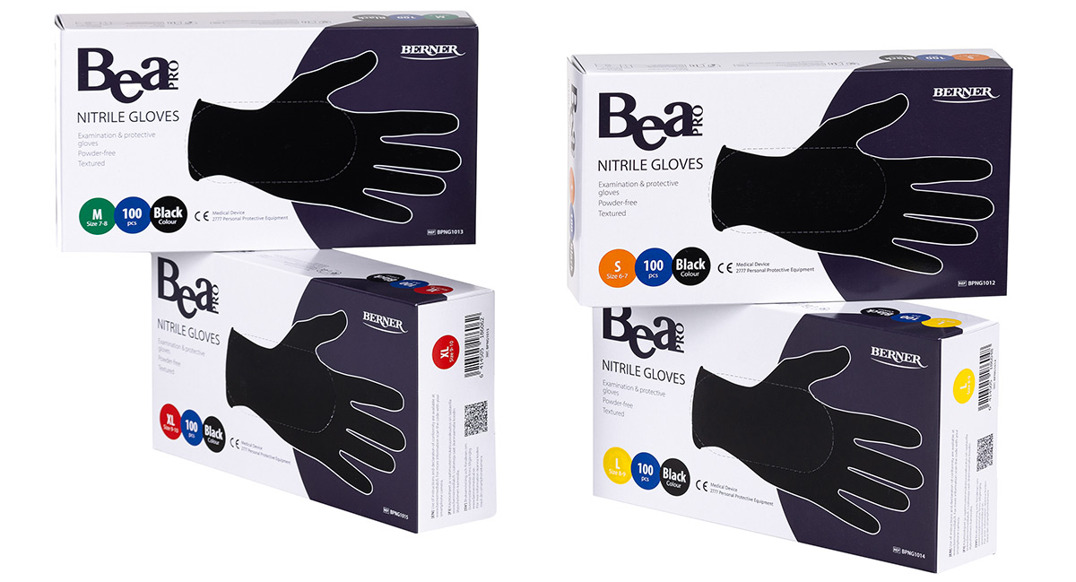 Berner Bea Pro -nitriilikäsineet 100 kpl pakkauksissa.