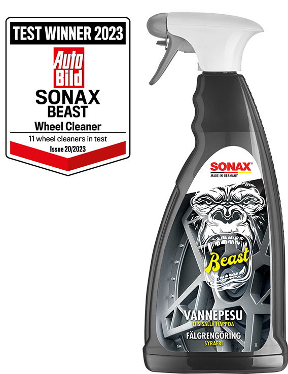 SONAX Beast -pullo ja Auto Bild Test Winner 2023 -merkki.