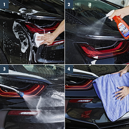 Nopea auton pinnoitus: 1: Auton pesu shampoolla. 2. Spray & Seal -pinnoitteen suihkutus. 3. Huuhtelu letkulla. 4. Kuivaus.