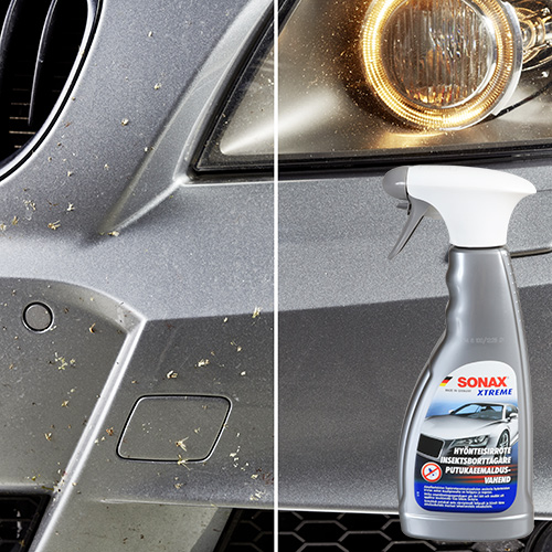 Auton keula ennen ja jälkeen käsittelyä SONAX Hyönteisirrotteella.