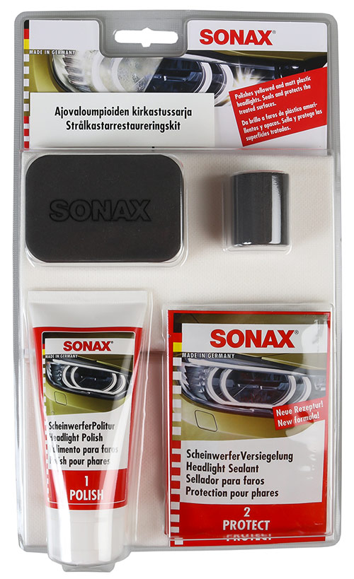 SONAX Ajovaloumpioiden kirkastussarja paketissaan.