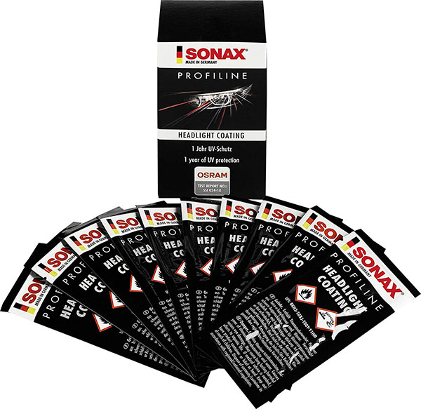 SONAX PROFILINE Headlight Coating -pakkaus sisältää 10 annospussia.