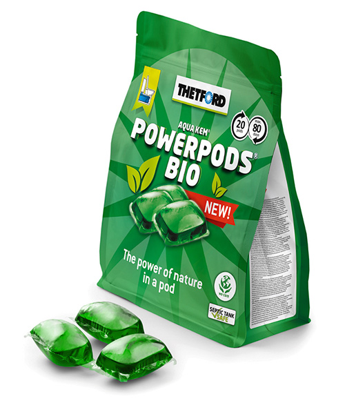 Thetford PowerPods Bio -pussi ja kapseleita.