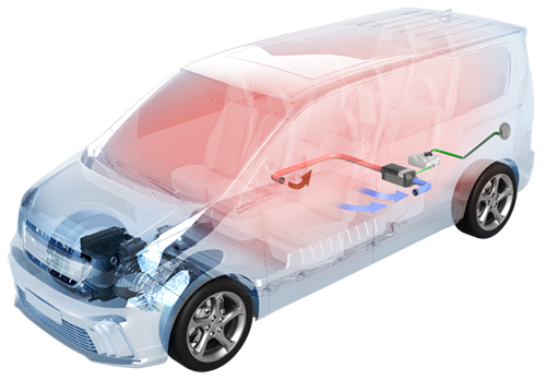 Havainnekuva: Webasto Range Plus -lämmitysjärjestelmä asennettuna sähköiseen pakettiautoon.