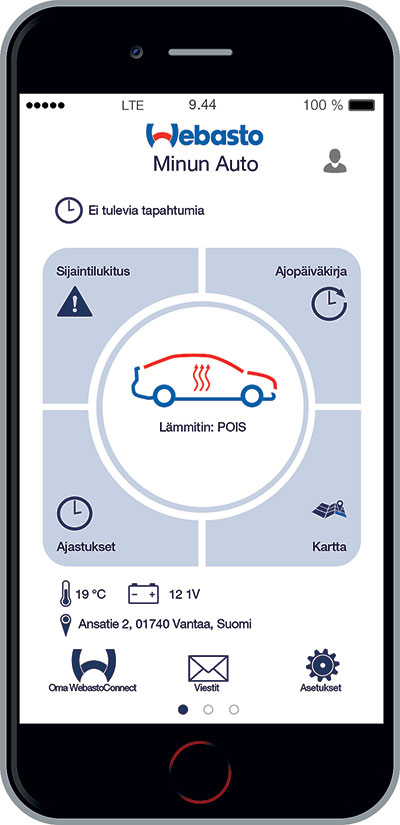 Webasto ThermoConnect -lämmitinohjaus toimii kätevällä mobiilisovelluksella, joka on helppokäyttöinen ja selkeä.